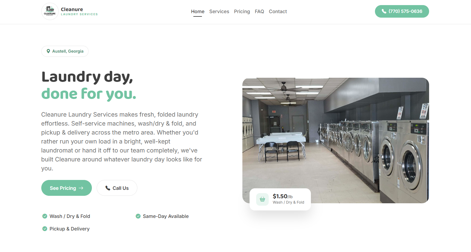 Screenshot of Cleanure Laundry website
